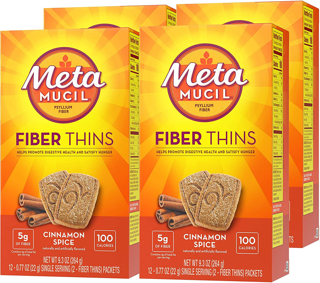 Metamucil, Fiber Thins, Daily Psyllium Husk Fiber Supplement, Supports Digestive Health and Satisfies Hunger, Cinnamon Spice Flavor, 12 Servings (Pack of 4)
