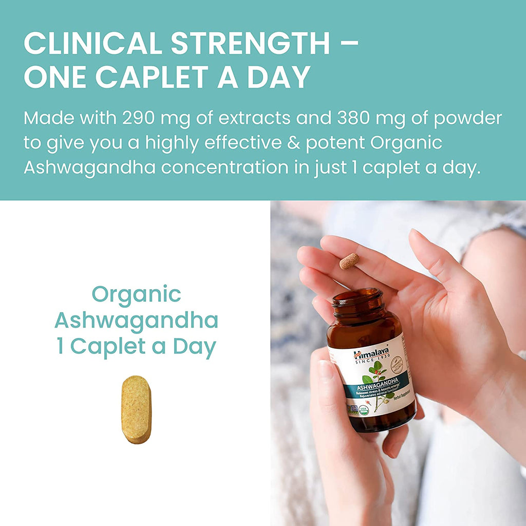 Himalaya Organic Ashwagandha, 2 Month Supply for Stress Relief, USDA Certified Organic, Non-Gmo, Gluten-Free Supplement, 100% Ashwagandha Powder & Extract, 670 Mg, 60 Caplets