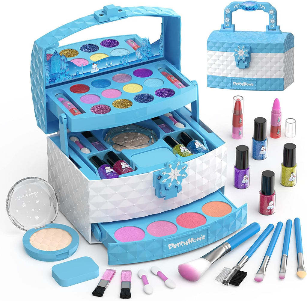 "Frozen Princess Makeup Set for Little Girls - 35 Pcs Washable and Safe Cosmetic Kit, Perfect Christmas & Birthday Gift for 3-12 Year Olds - Non-Toxic and Realistic Pink Makeup Set"