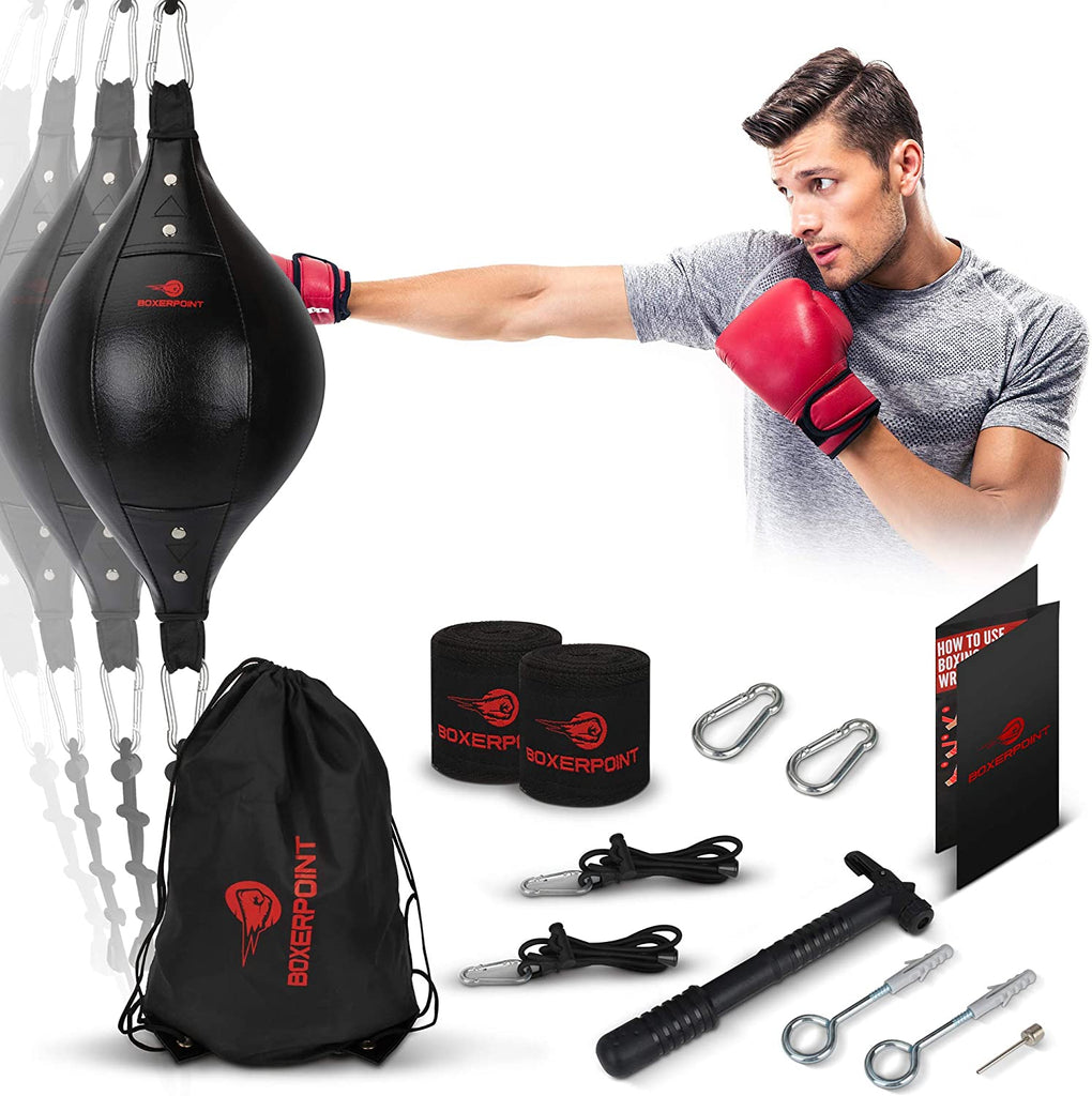Double End Bag Boxing Ball - PU Leather Double End Boxing Speed Bag - Punching Bag with Adjustable Cords Carry Bag, Pump, Installation Kit - Double Ended Punch Bag - Boxing Accessories