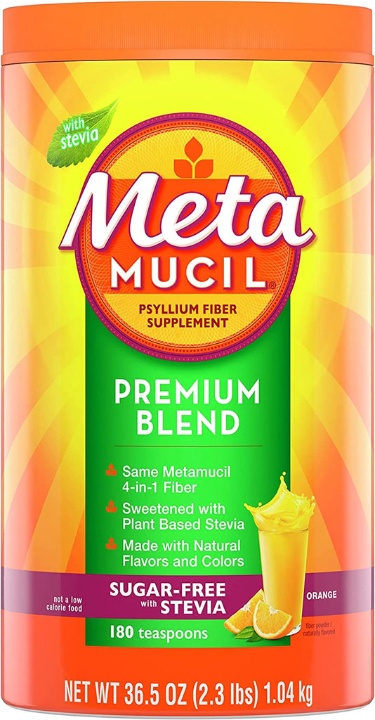 "Metamucil Premium Blend: A Daily Psyllium Fiber Powder Supplement for Optimal Digestive Health - 4-In-1 Fiber Formula, Sugar-Free with Stevia, Orange Flavored - 180 Servings"