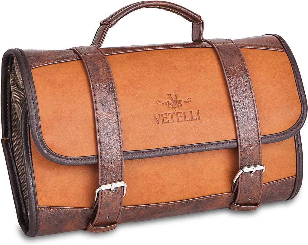 "Vetelli Men's Leather Toiletry Bag - Stylish, Durable, and Organized with Multiple Pockets and Convenient Hanging Hook"