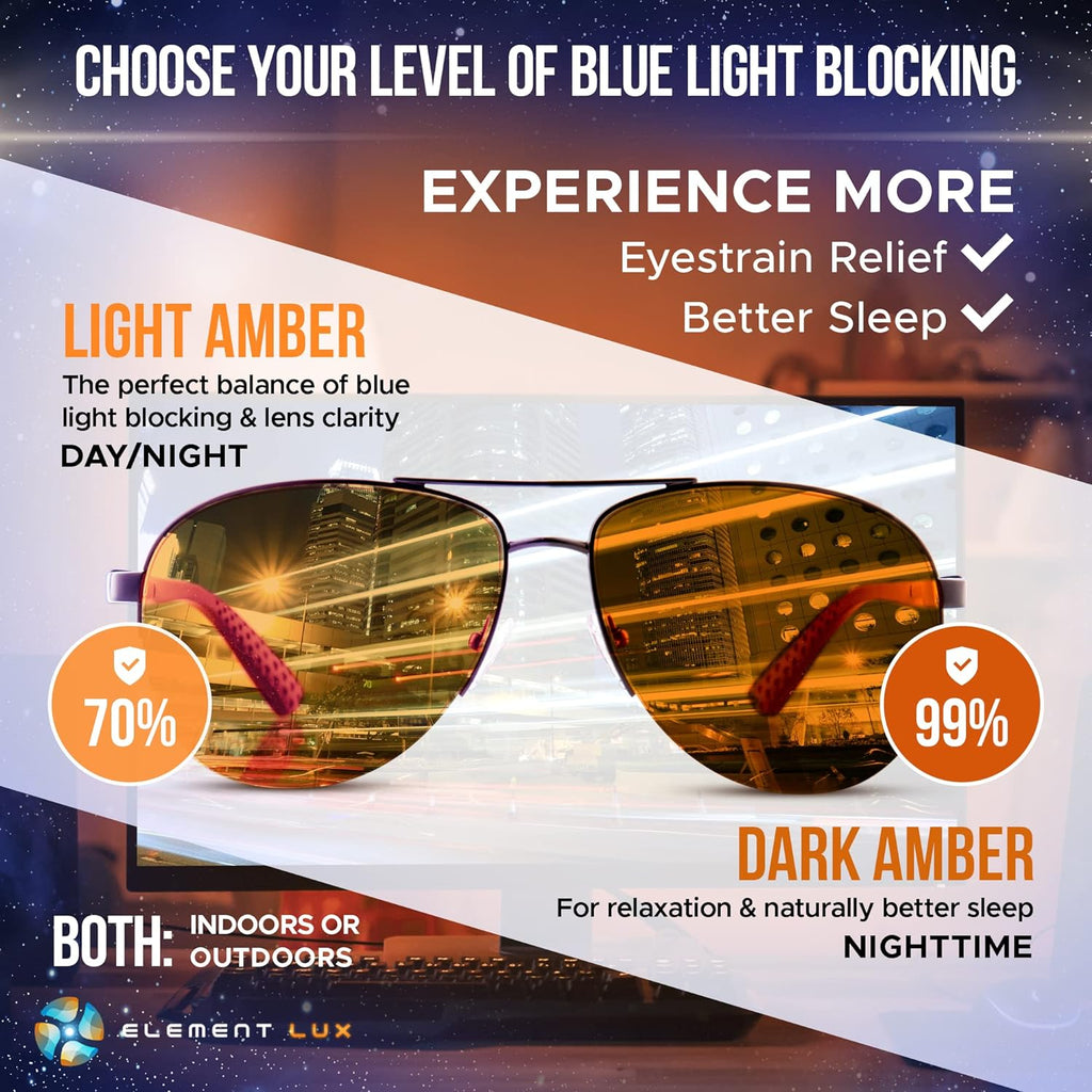 "Sleep Better, Game Longer, and Protect Your Eyes with ELEMENT LUX Blue Light Blocking Glasses - Amber Blue Blocker Glasses for Enhanced Sleep, Reduced Eye Strain, and Gaming Experience"