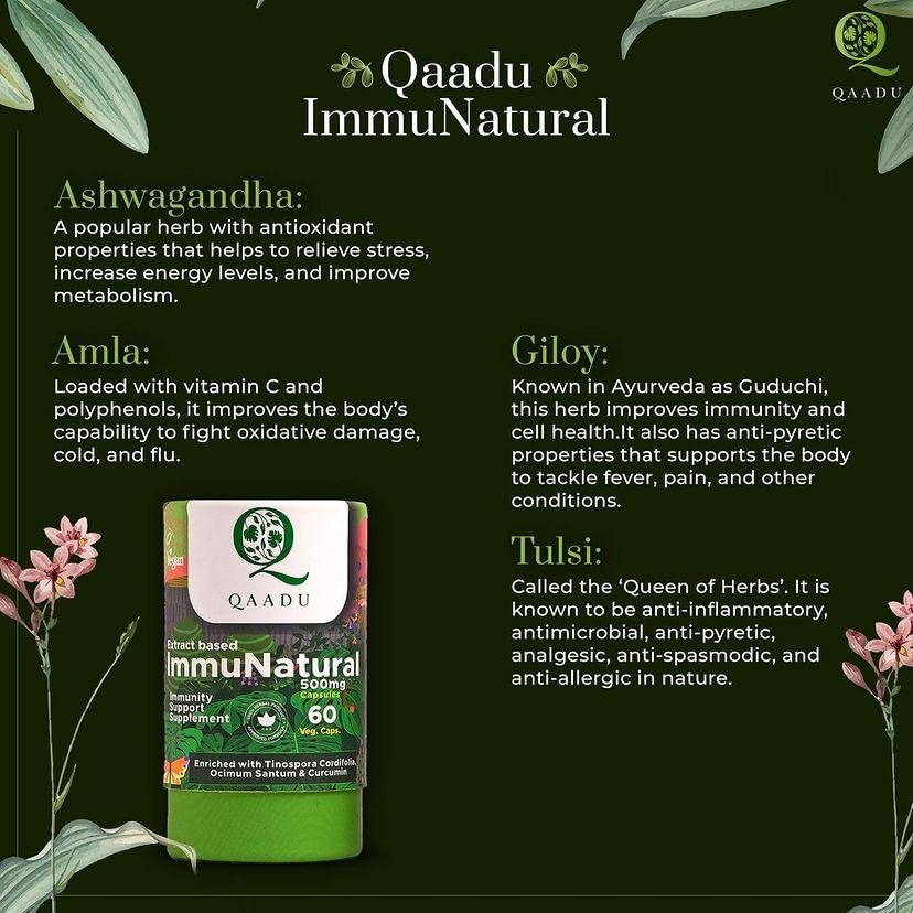QAADU Ayurvedic Immunatural, Natural Immunity Booster For Stamina and Energy, Ayurvedic Strength Booster, Rich Supplement of Vitamin C for Both Men and Women, Herbal, Vegan (60 capsules)