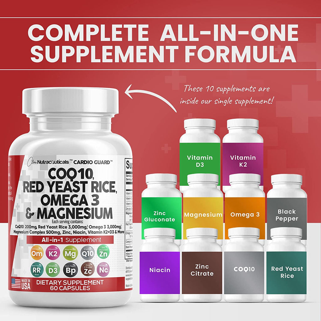 "Boost your heart health with these essential vitamins! , this powerful supplement includes COQ10, Red Yeast Rice, Omega 3, Magnesium Complex, Niacin, Zinc, Vitamin K2, D3, and more. Take care of your heart and feel your best with just 60 capsules! 