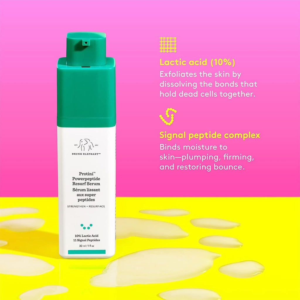 Drunk Elephant Protini Powerpeptide Resurf Serum. Strengthen and Resurface Face Serum with 10% Lactic Acid and 11 Signal Peptides (30 Ml / 1 Fl Oz)