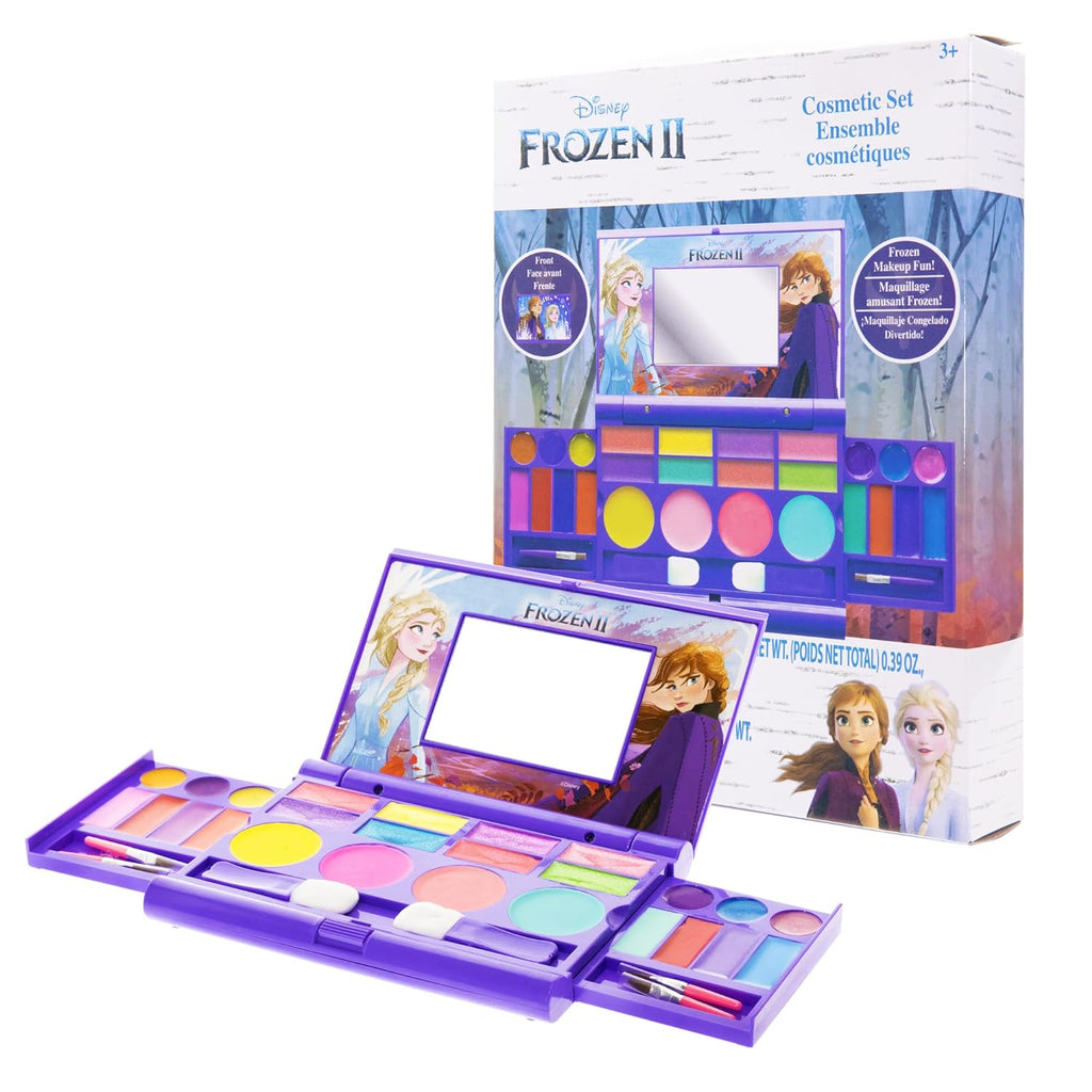 "Disney Frozen Elsa Anna Cosmetic Compact Set: 22 Lip Glosses, 4 Body Shines, 6 Brushes - Colorful, Portable, and Washable Makeup Beauty Kit Box Set for Girls, Kids, and Toddlers - with Mirror!"