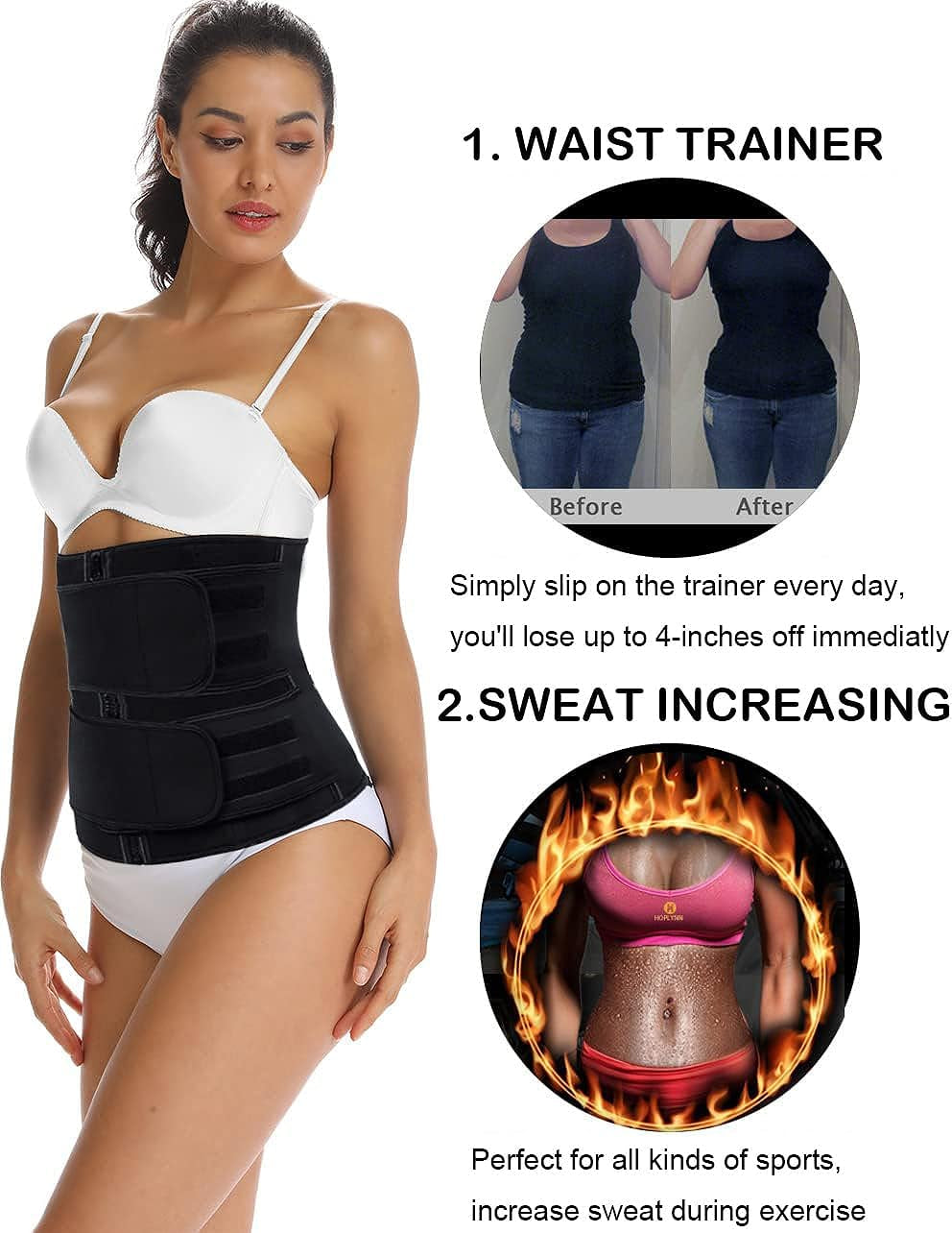 HOPLYNN Sweat Waist Trainer for Women Two Belts, Neoprene Workout Corset Waist Trainer Cincher Trimmer Shaper Zipper