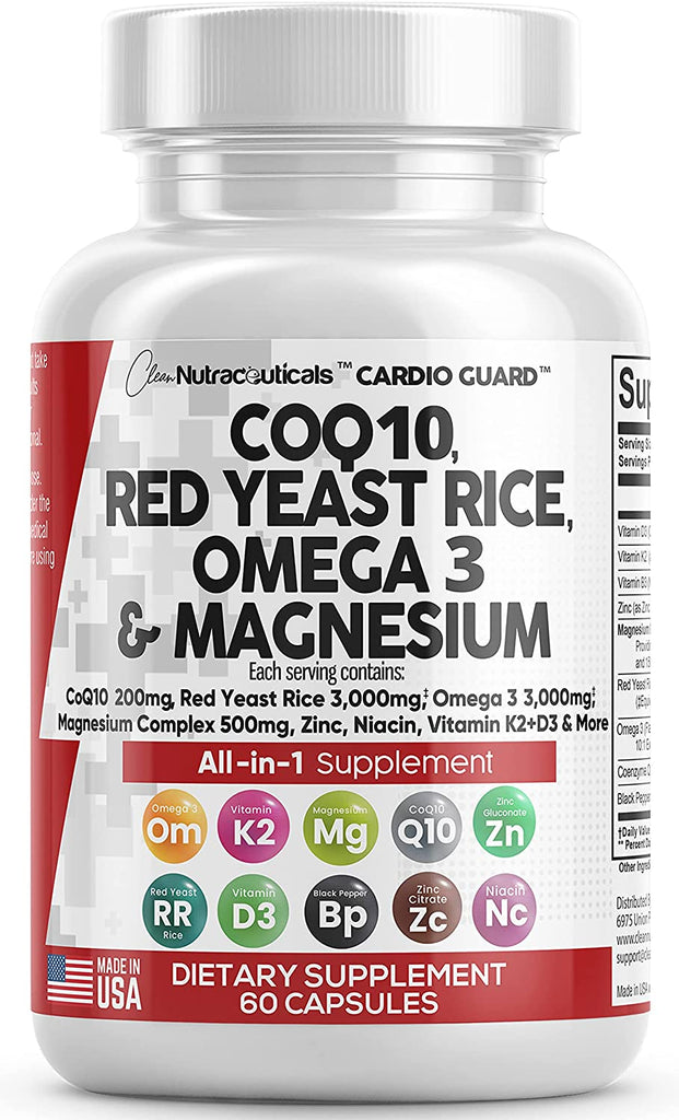 "Boost your heart health with these essential vitamins! , this powerful supplement includes COQ10, Red Yeast Rice, Omega 3, Magnesium Complex, Niacin, Zinc, Vitamin K2, D3, and more. Take care of your heart and feel your best with just 60 capsules! 
