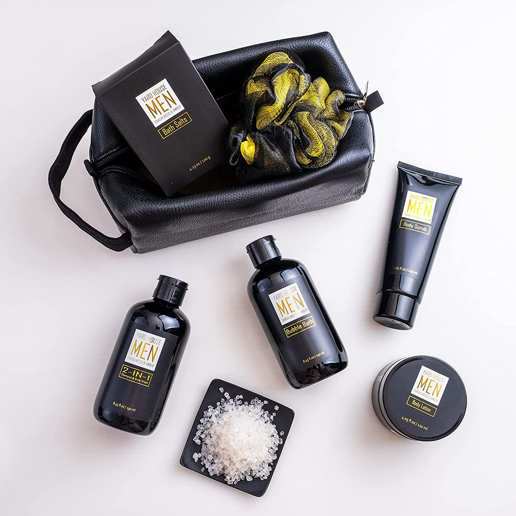 "Ultimate Men's Spa Gift Set - Luxurious Sandalwood Amber Scent - 7-Piece Spa Kit with Full Size Items in Stylish Leather Toiletry Bag - Perfect Birthday Gift for Husband, Dad, or Son from Wife, Daughter, or Son"