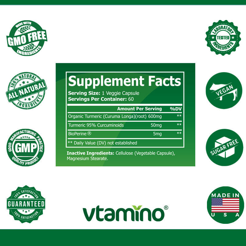 vtamino Organic Turmeric w/Bioperine – Anti-Aging & Joint Support Supplement (30 Days Supply)