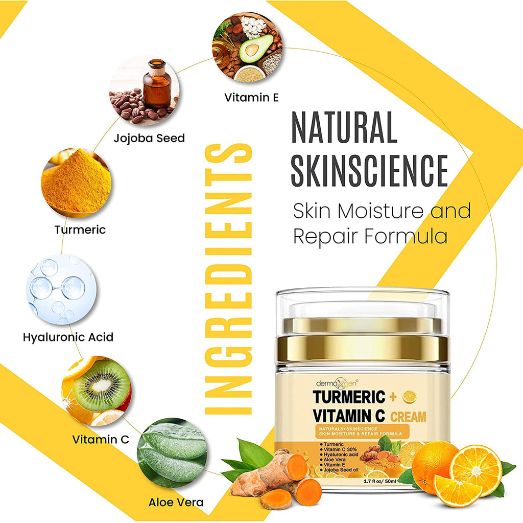 Turmeric + 30% Vitamin C Glow Boosting Moisturizing & Skin Repairing Cream, Hydrating with Organic Ingredients Anti-Aging Facial Cream Normal, Dry, Sensitive & Oily Skin - 1.7 FL OZ.