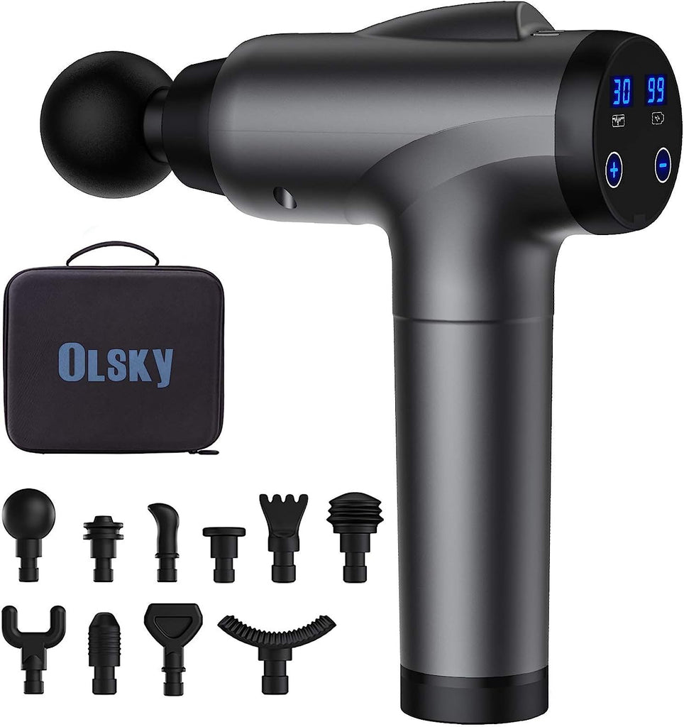 Olsky Massage Gun Deep Tissue, Handheld Electric Muscle Massager, High Intensity Percussion Massage Device for Pain Relief with 10 Attachments & 30 Speed(Grey)