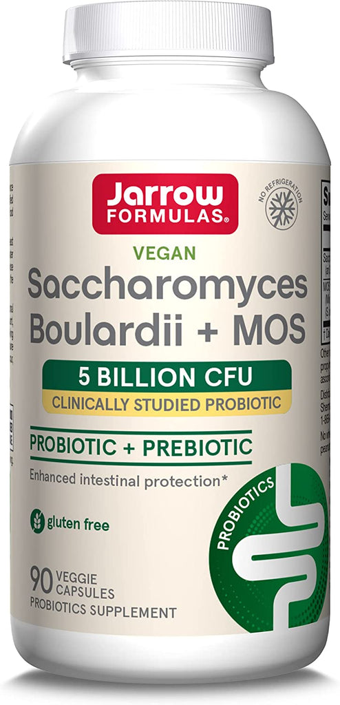 Jarrow Formulas Saccharomyces Boulardii + MOS - Clinically Studied Probiotic + Prebiotic Supplement - 5 Billion CFU - 180 Servings (Veggie Caps) - Enhanced Intestinal Tract Support & Protection