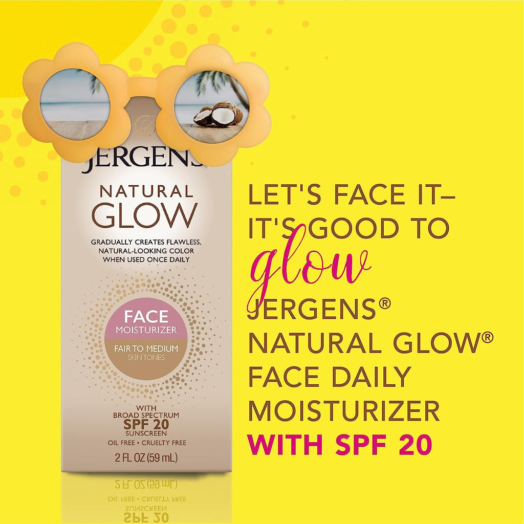 Jergens Natural Glow Self Tanner Face Moisturizer, SPF 20 Facial Sunscreen, Fair to Medium Skin Tone, Sunless Tanning, Oil Free, Broad Spectrum Protection UVA and UVB, 2 Oz (Packaging May Vary)