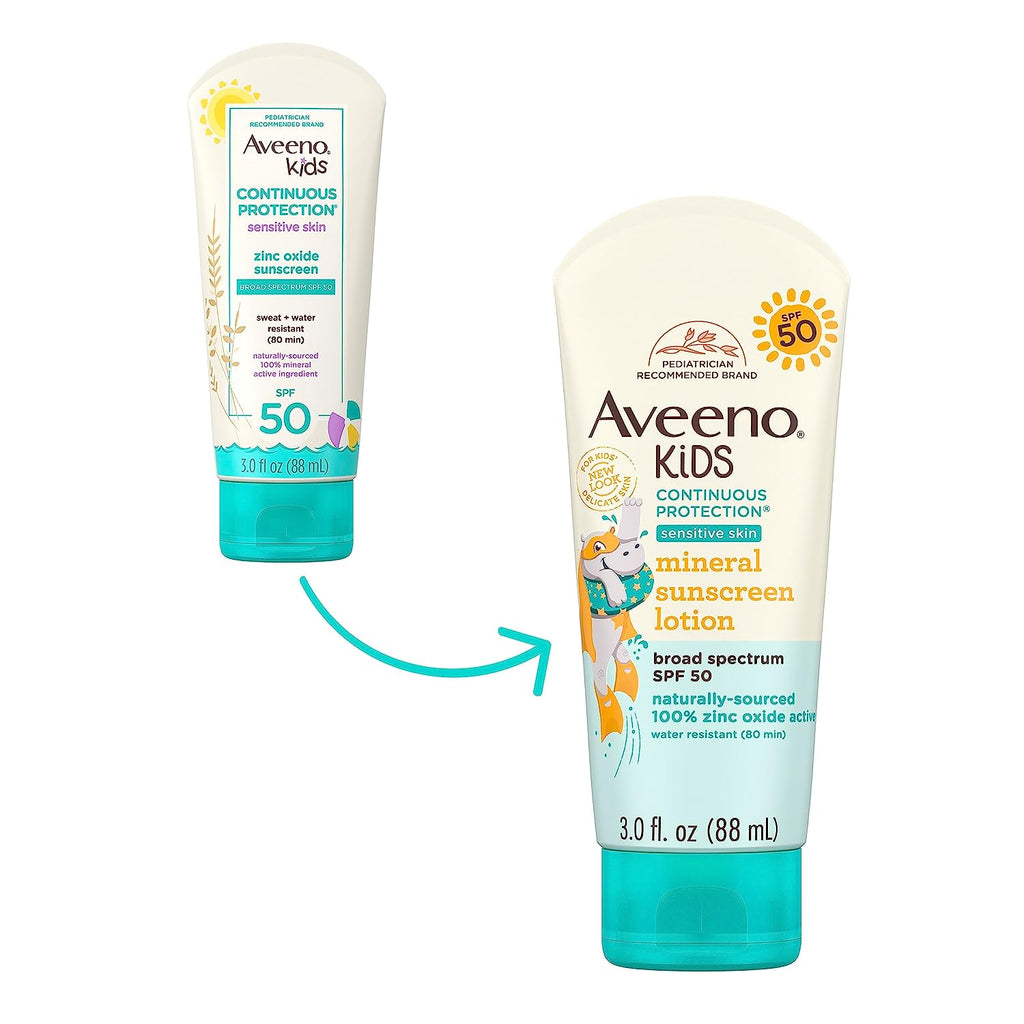 Aveeno Kids Continuous Protection Zinc Oxide Mineral Sunscreen Lotion for Children'S Sensitive Skin with Broad Spectrum SPF 50, Tear-Free, Sweat- & Water-Resistant, Non-Greasy, 3 Fl. Oz