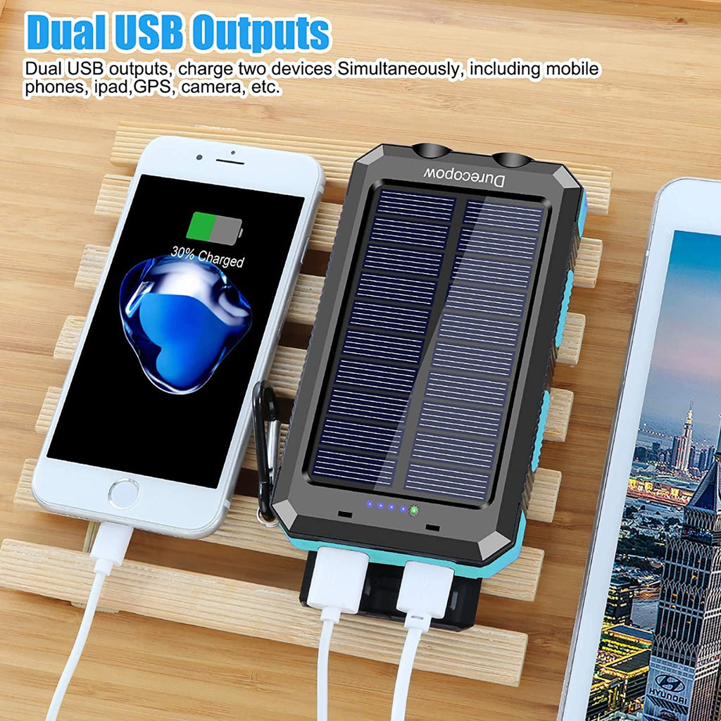 "Ultimate Outdoor Power Solution: Durecopow Solar Charger - 20000mAh Waterproof Power Bank with Dual USB Ports, LED Flashlight, and Compass - Never Run Out of Power on Your Adventures! (Blue)"