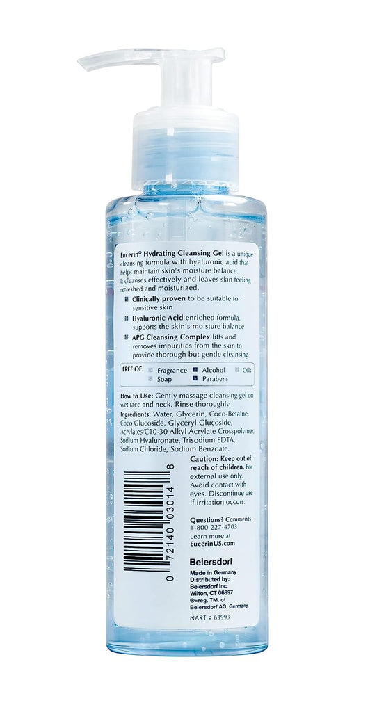 Eucerin Hydrating Cleansing Gel, Daily Facial Cleanser Formulated with Hyaluronic Acid, 6.8 Fl Oz