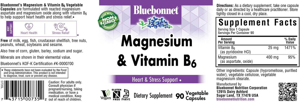 Bluebonnet Magnesium plus B-6 Vegetarian Capsules, 90 Count