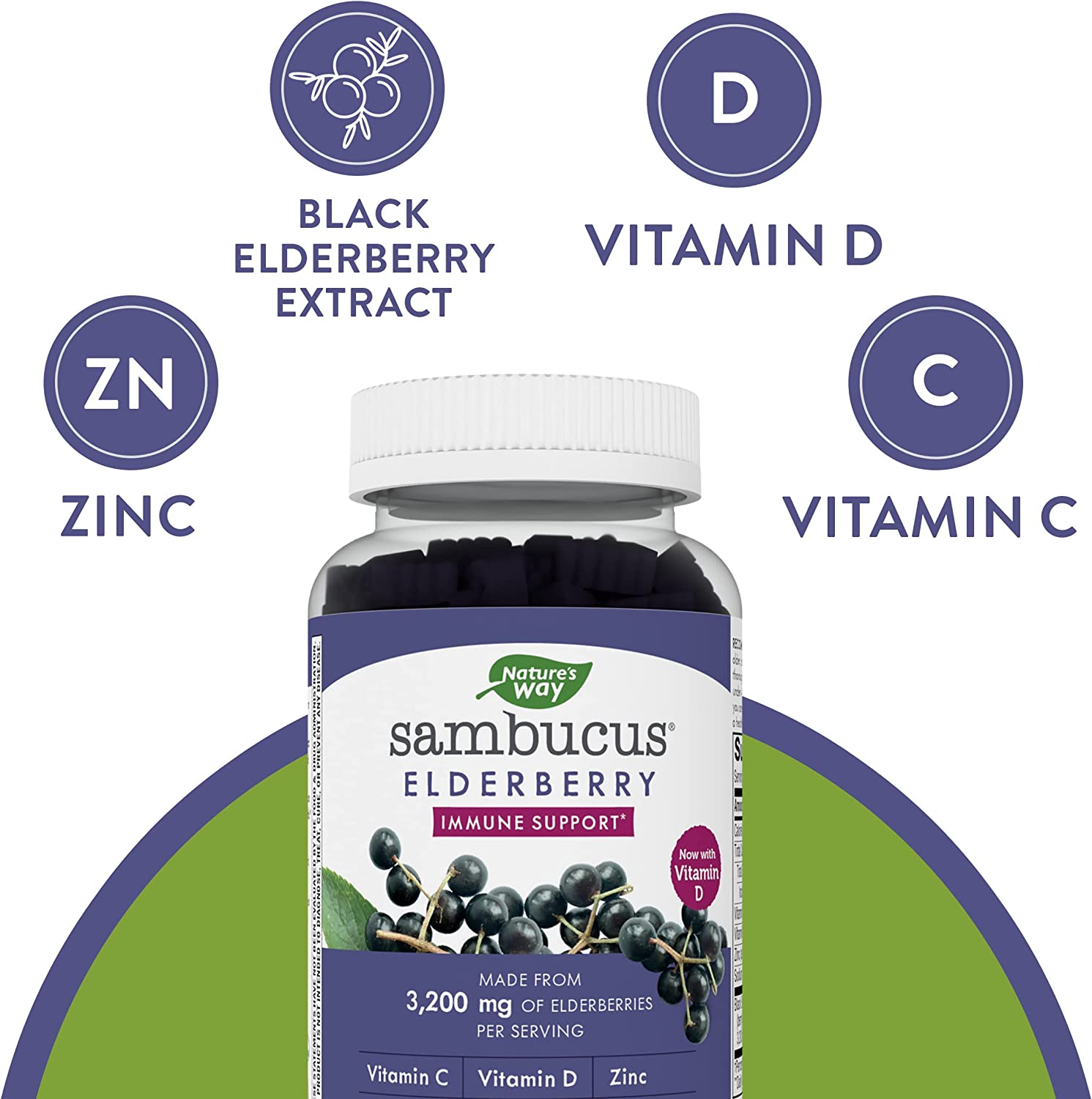 Nature’S Way Sambucus Elderberry Gummies, with Vitamin C, Vitamin D and Zinc, Immune Support for Kids and Adults*, 60 Gummies