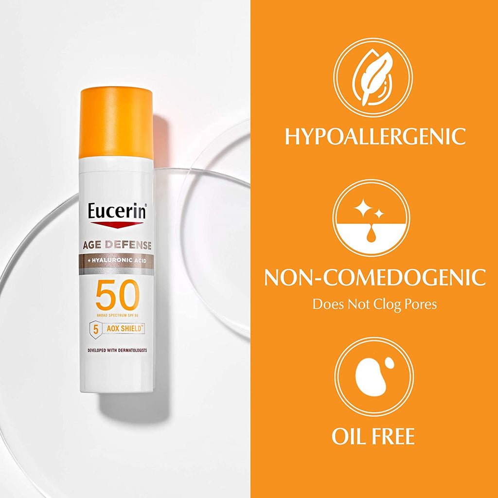 Eucerin Sun Age Defense SPF 50 Face Sunscreen Lotion with Hyaluronic Acid, Facial Sunscreen with 5 Antioxidants, 2.5 Fl Oz Bottle (Color: White)