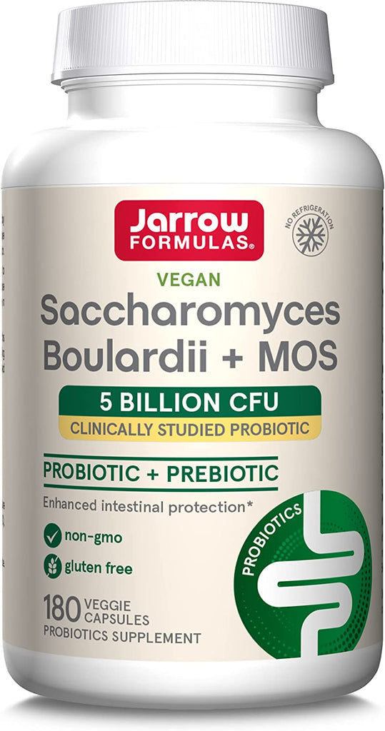 Jarrow Formulas Saccharomyces Boulardii + MOS - Clinically Studied Probiotic + Prebiotic Supplement - 5 Billion CFU - 180 Servings (Veggie Caps) - Enhanced Intestinal Tract Support & Protection