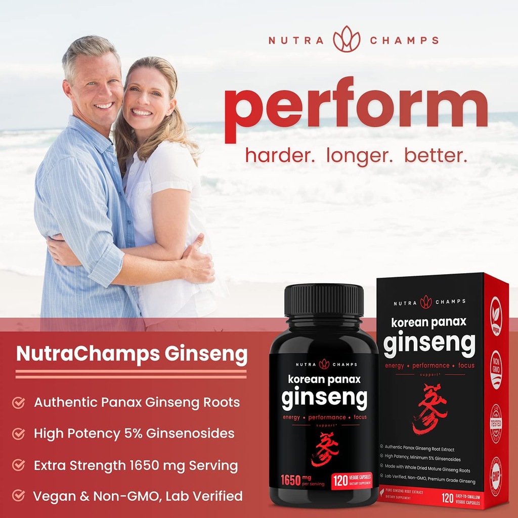 Nutrachamps Korean Red Panax Ginseng - 120 Vegan Capsules Extra Strength Root Extract Powder Supplement W/ High Ginsenosides