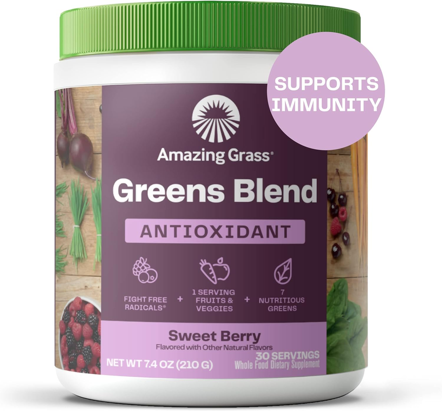 "Supercharge Your Health with Amazing Grass Greens Blend Antioxidant - Organic Super Greens Powder Smoothie Mix with Spirulina, Beet Root, Elderberry & Probiotics - Sweet Berry Flavor - 100 Servings!"