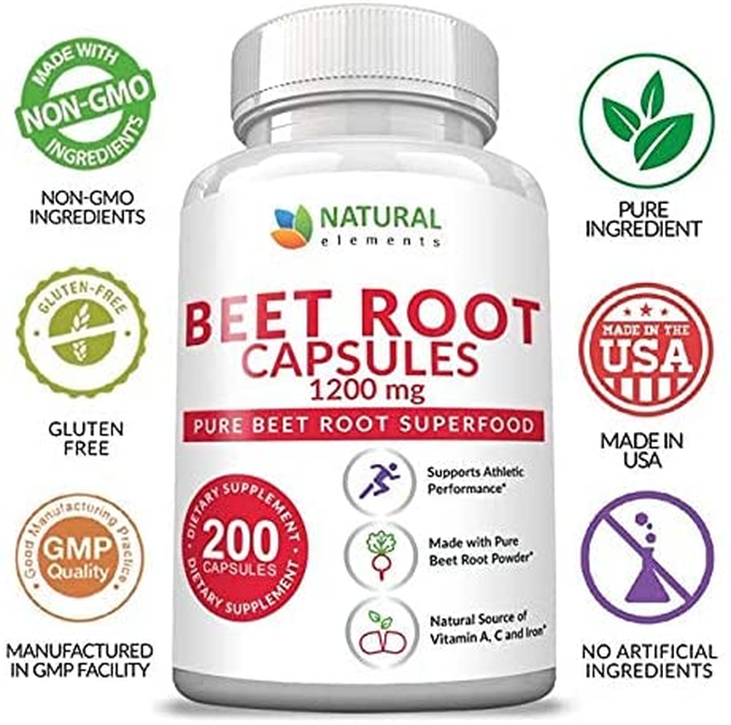 Beet Root Capsules - 1200Mg per Serving - 200 Beet Root Powder Capsules - Beetroot Powder Supports Blood Pressure, Athletic Performance, Digestive, Immune System (Pure, Non-Gmo & Gluten Free)
