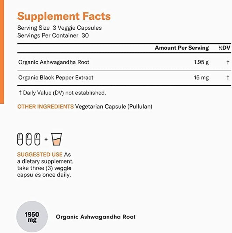 Ashwagandha 1950Mg Organic Ashwagandha Root Powder with Black Pepper Extract, Stress Relief, Mood Support, 90 Veggie Ashwagandha Capsules