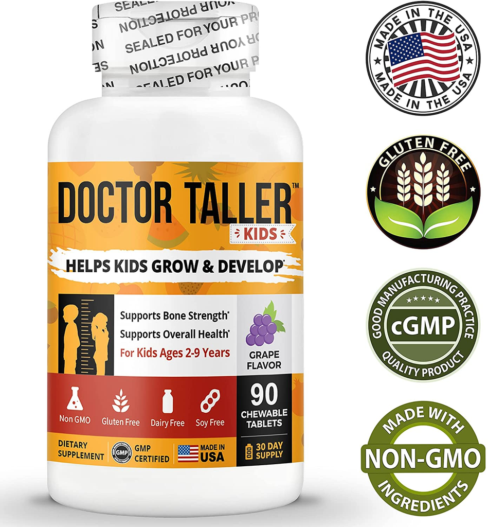 Doctor Taller Kids - Support Healthy Growth of Kids with Multivitamins and Multiminerals - for Kids Ages 2 to 9 - Grape Flavor - 90 Vegan Chewable Tablets (1 Pack)