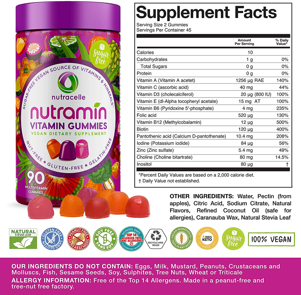 NUTRAMIN Daily Vegan Keto Multivitamin Gummies Vitamin C, D3, and Zinc for Immunity, Plant-Based, Sugar-Free, Nut-Free, Gluten-Free, with Biotin, Vitamin A, B, B6, B12 & More 90 Count, 45 Day Suppy