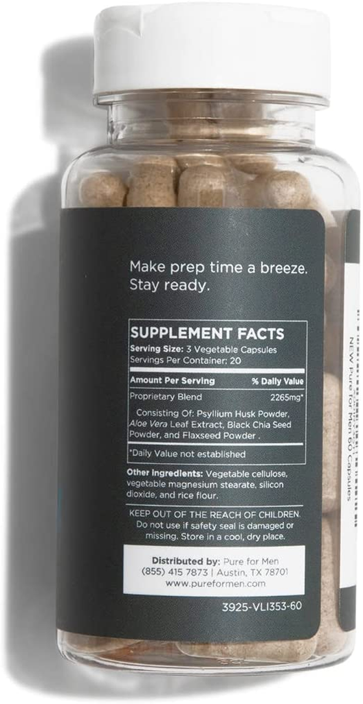 Pure for Men Original Cleanliness Stay Ready Fiber Supplement, 60 Vegan Capsules | Helps Promote Digestive Regularity | Psyllium Husk, Aloe Vera, Chia Seeds, Flaxseeds | Proprietary Formula