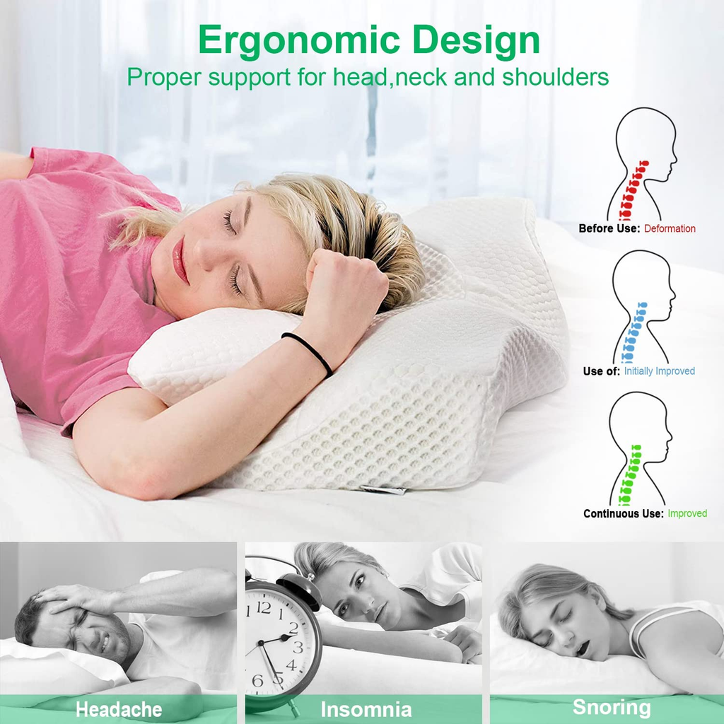 Elviros Cervical Memory Foam Pillow, Contour Pillows for Neck and Shoulder Pain, Ergonomic Orthopedic Sleeping Neck Contoured Support Pillow for Side Sleepers, Back and Stomach Sleepers (White)