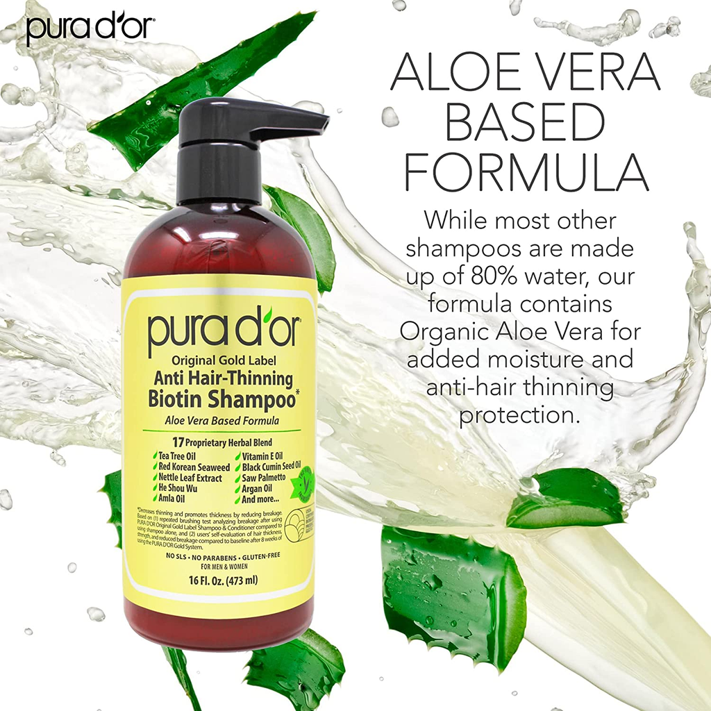 PURA D'OR Original Gold Label Anti-Thinning Biotin Shampoo (16Oz) Argan Oil, Nettle Extract, Saw Palmetto, 17+ Herbal DHT Blockers, No Sulfates, Natural Preservatives, Men & Women (Packaging May Vary)