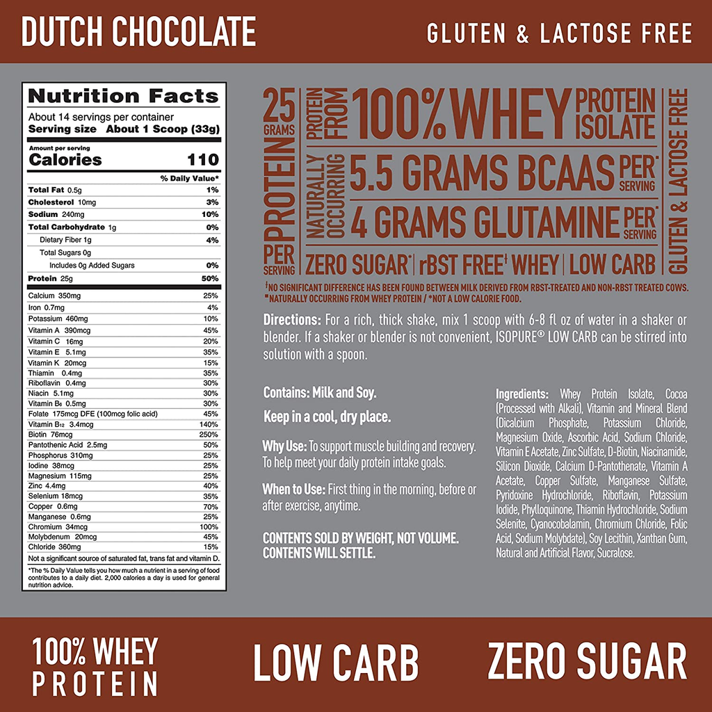 Isopure Low Carb, Vitamin C and Zinc for Immune Support, 25G Protein, Keto Friendly Protein Powder, 100% Whey Protein Isolate, Flavor: Dutch Chocolate, 1 Pound (Packaging May Vary)