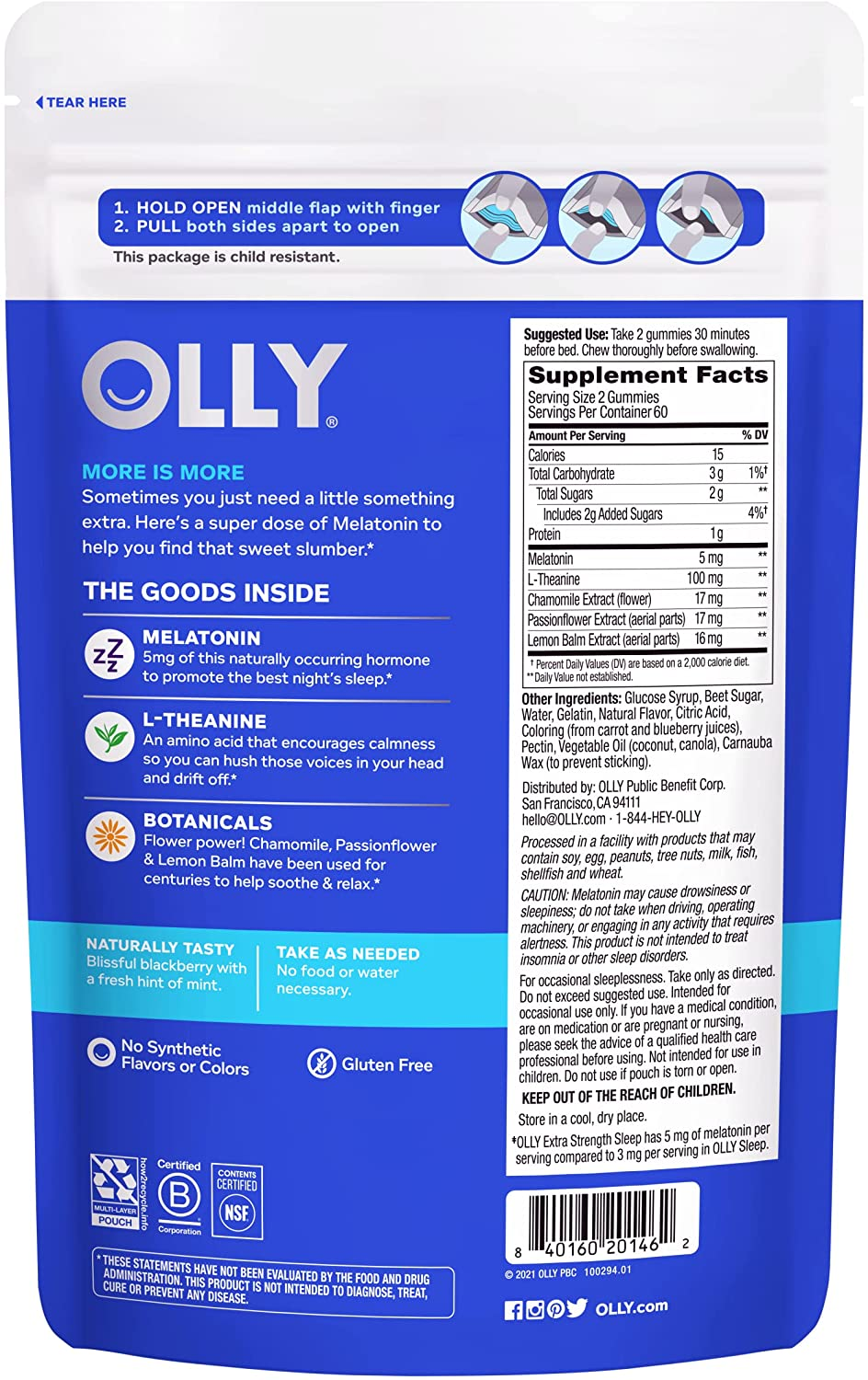 OLLY Extra Strength Sleep Gummy, Occasional Sleep Support, 5 Mg Melatonin, L-Theanine, Chamomile, Lemon Balm, Sleep Aid, Blackberry - 120 Count