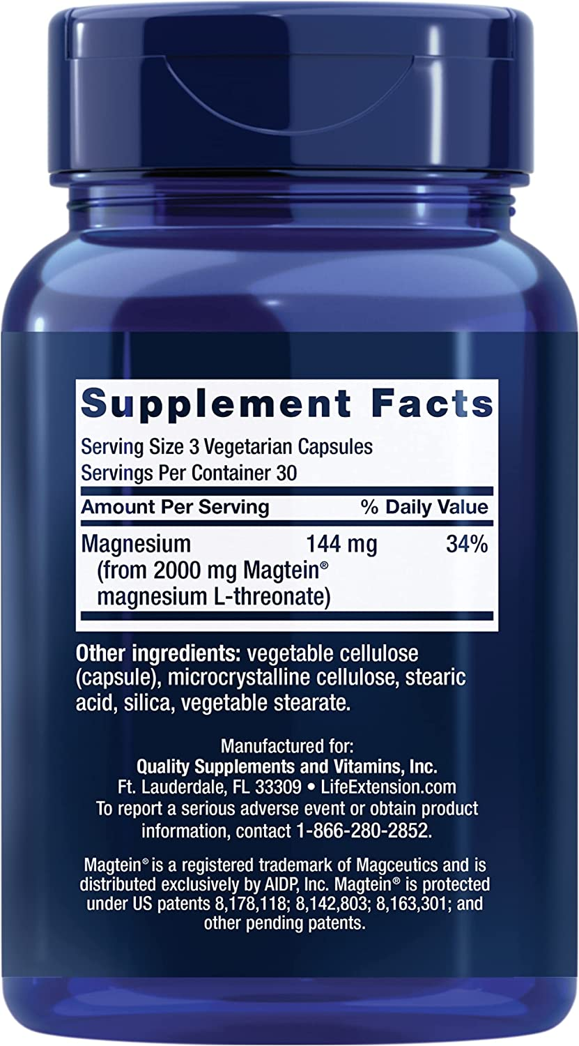 Life Extension Neuro-Mag Magnesium L-Threonate, 90 Vegetarian Capsules Ultra-Absorbable Magnesium - Memory, Focus & Overall Cognitive Performance Boost - Non-Gmo, Gluten-Free