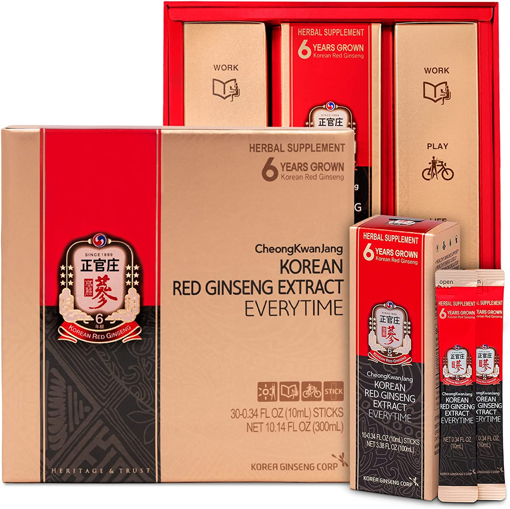 Everytime - 100% Korean Red Ginseng Extract Liquid Portable Sticks 3000Mg-Asian Panax Ginseng Extract, Healthy Immune System Support, Boosts Energy and Focus, No Caffeine - 30 Pack