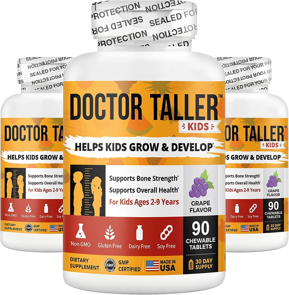Doctor Taller Kids - Support Healthy Growth of Kids with Multivitamins and Multiminerals - for Kids Ages 2 to 9 - Grape Flavor - 90 Vegan Chewable Tablets (1 Pack)