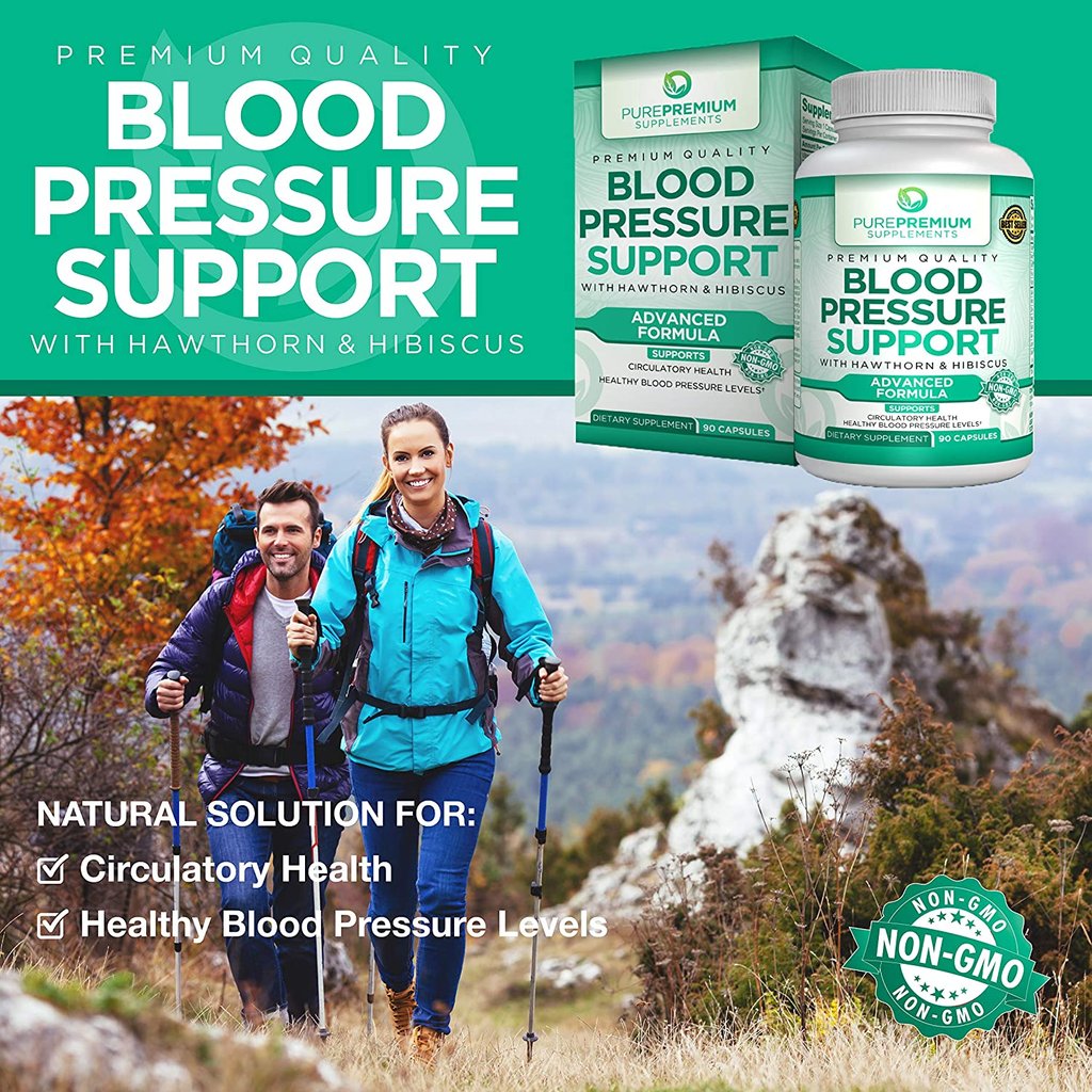 Premium Blood Pressure Support Supplement by Purepremium with Hawthorn, Hibiscus & Garlic - Supports Cardiovascular & Circulatory Health - Vitamins & Herbs Promote Heart Health - 90 Caps