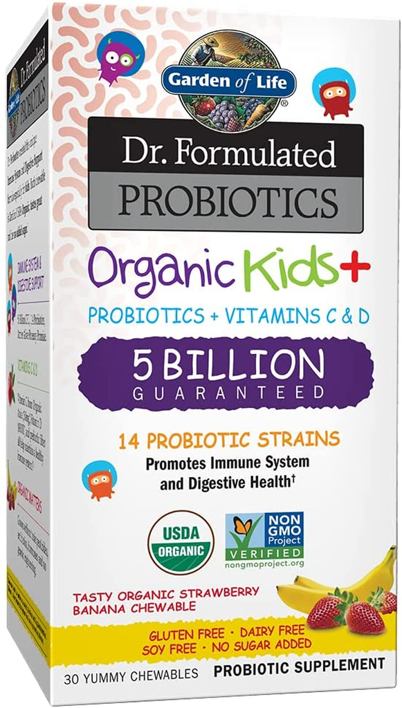 Garden of Life Dr. Formulated Probiotics Organic Kids+ plus Vitamin C & D - Berry Cherry - Gluten, Dairy & Soy Free Immune & Digestive Health Supplement, No Added Sugar, 30 Chewables (Shelf Stable)