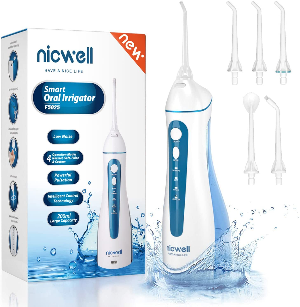 Water Dental Flosser Cordless for Teeth - Nicwell 4 Modes Dental Oral Irrigator, Portable and Rechargeable IPX7 Waterproof Powerful Battery Life Water Teeth Cleaner Picks for Home Travel