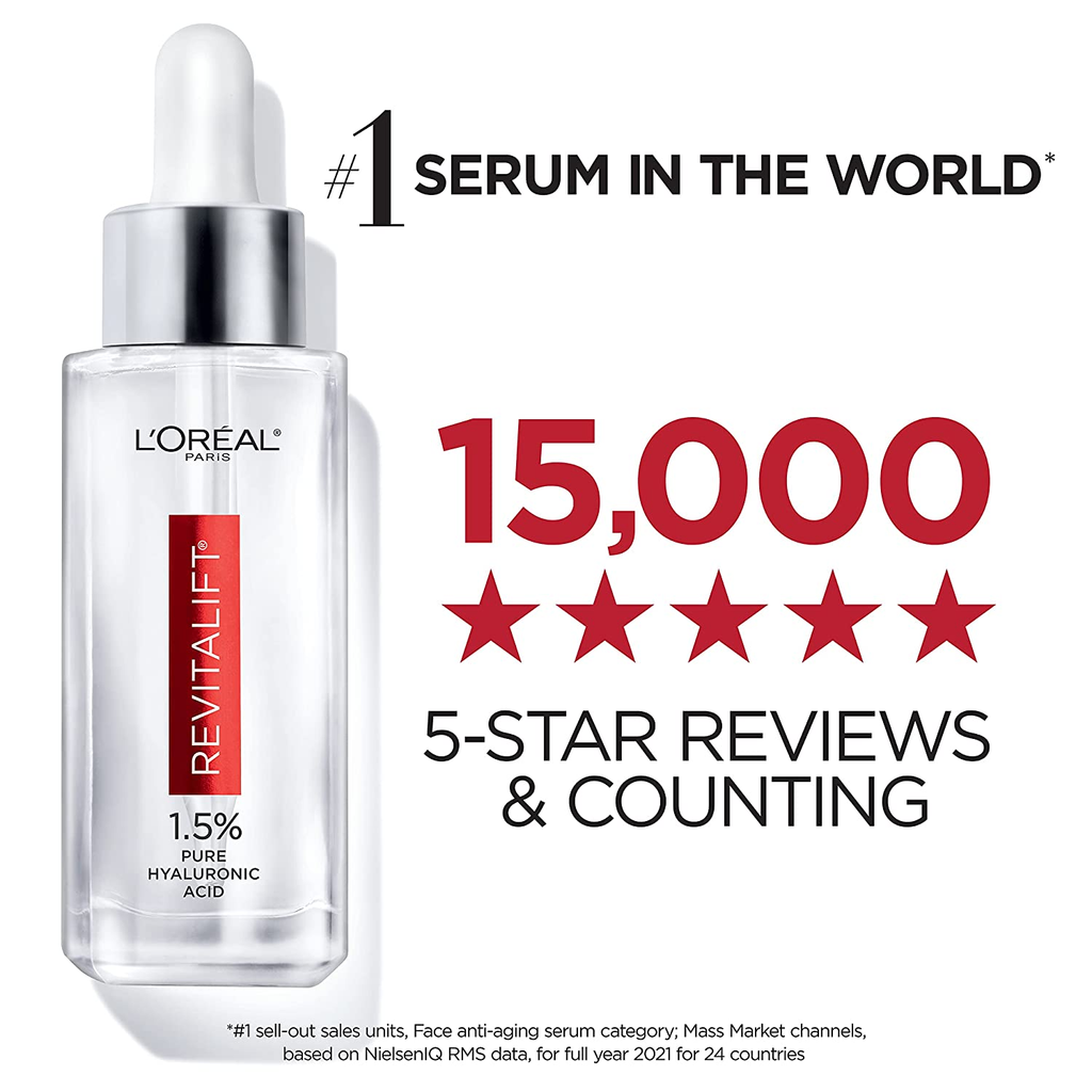 L’Oreal Paris 1.5% Pure Hyaluronic Acid Serum for Face with Vitamin C from Revitalift Derm Intensives for Dewy Looking Skin, Hydrate, Moisturize, Plump Skin, Reduce Wrinkles, anti Aging Serum, 1 Oz