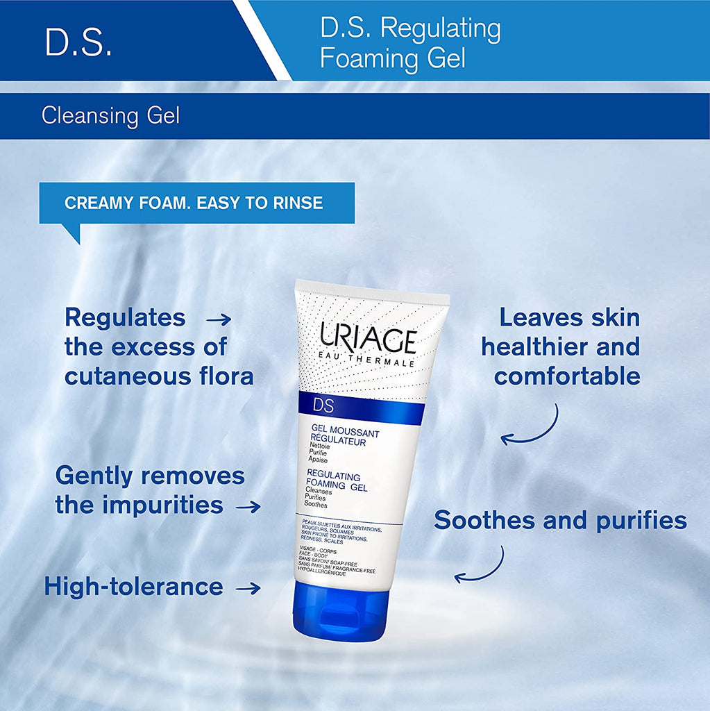 Uriage D.S. Regulating Foaming Gel 5 Fl.Oz. | Gentle Cleansing Foam for Face & Body to Cleanse, Purify and Sanitize Irritated, Redness-Prone and Scales Skins | Leaves Skin Healthier and Comfortable. - Free & Fast Delivery