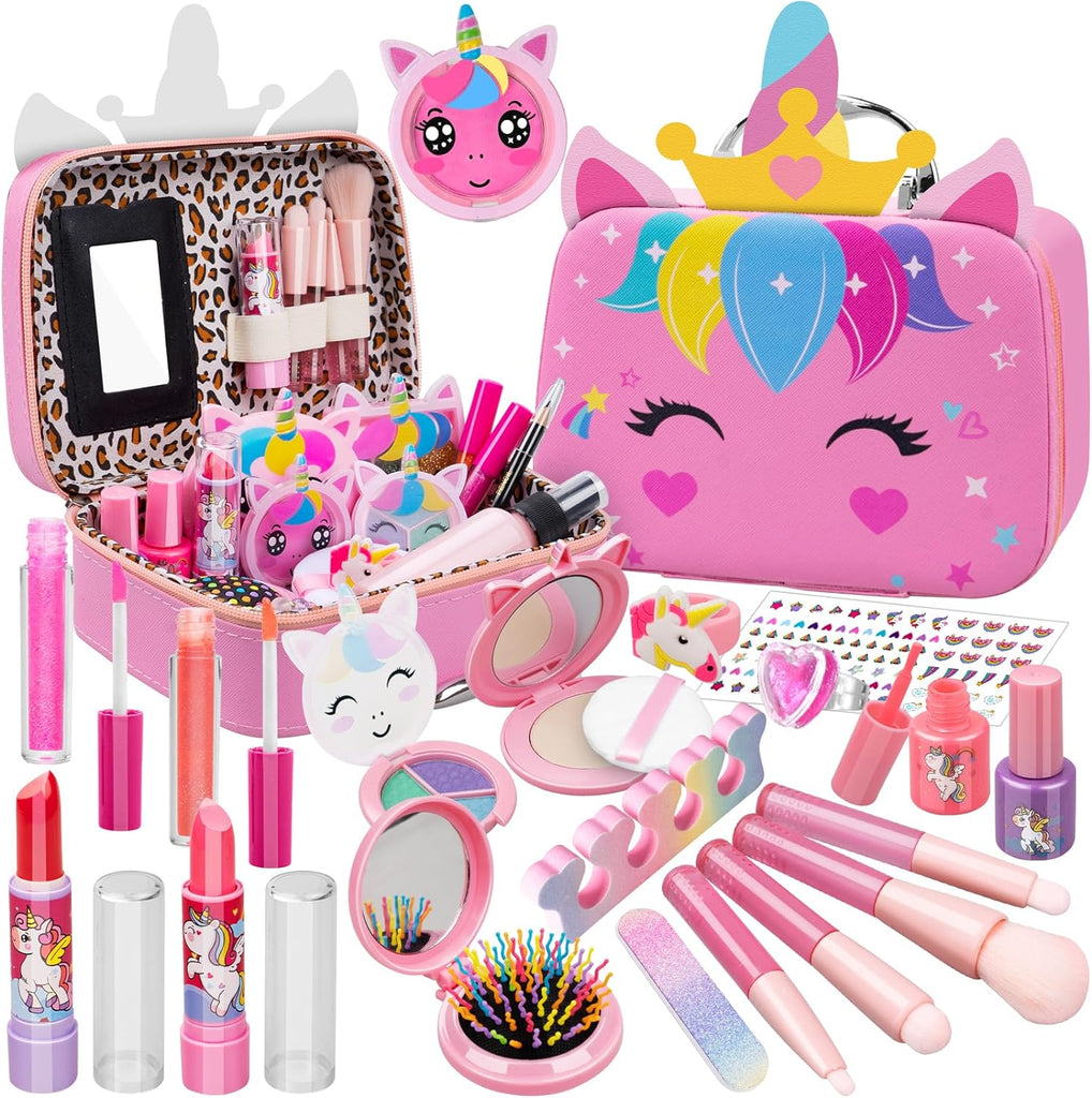 "Magical Unicorn Beauty Set: 25-Piece Kids Makeup Kit with Washable Cosmetics, Princess Play Set, and Stylish Unicorn Bag - Perfect Birthday Gift for Girls Ages 3-12"
