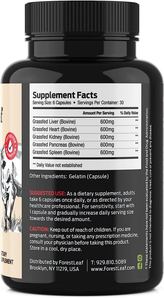 "Boost your wellness and performance with Forestleaf Grass Fed & Pasture Raised Beef Organ Supplement! This advanced organ complex contains 3000Mg of Desiccated Beef Liver, Heart, Kidney, Pancreas, and Spleen. Feel the difference with 180 capsules!"