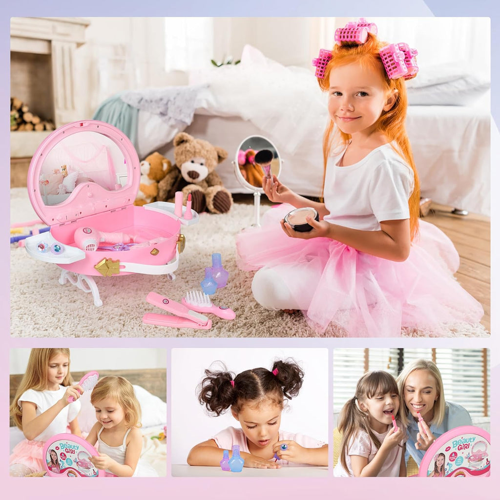 "Enchanting Little Princess Vanity Set - Magical Lights, Music, and Real Mirror! Perfect Gift for Girls 3-7 Years Old - Ideal for Birthdays, Christmas, and Festivals!"