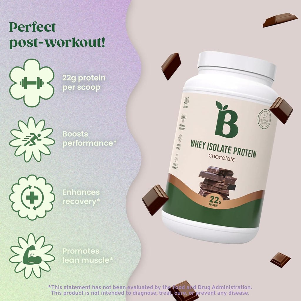 "Bloom Nutrition Chocolate Whey Isolate Protein Powder - The Ultimate Post-Workout Recovery Drink for a Healthy Gut - Low Carb, Keto-Friendly, and Zero Sugar Added!"