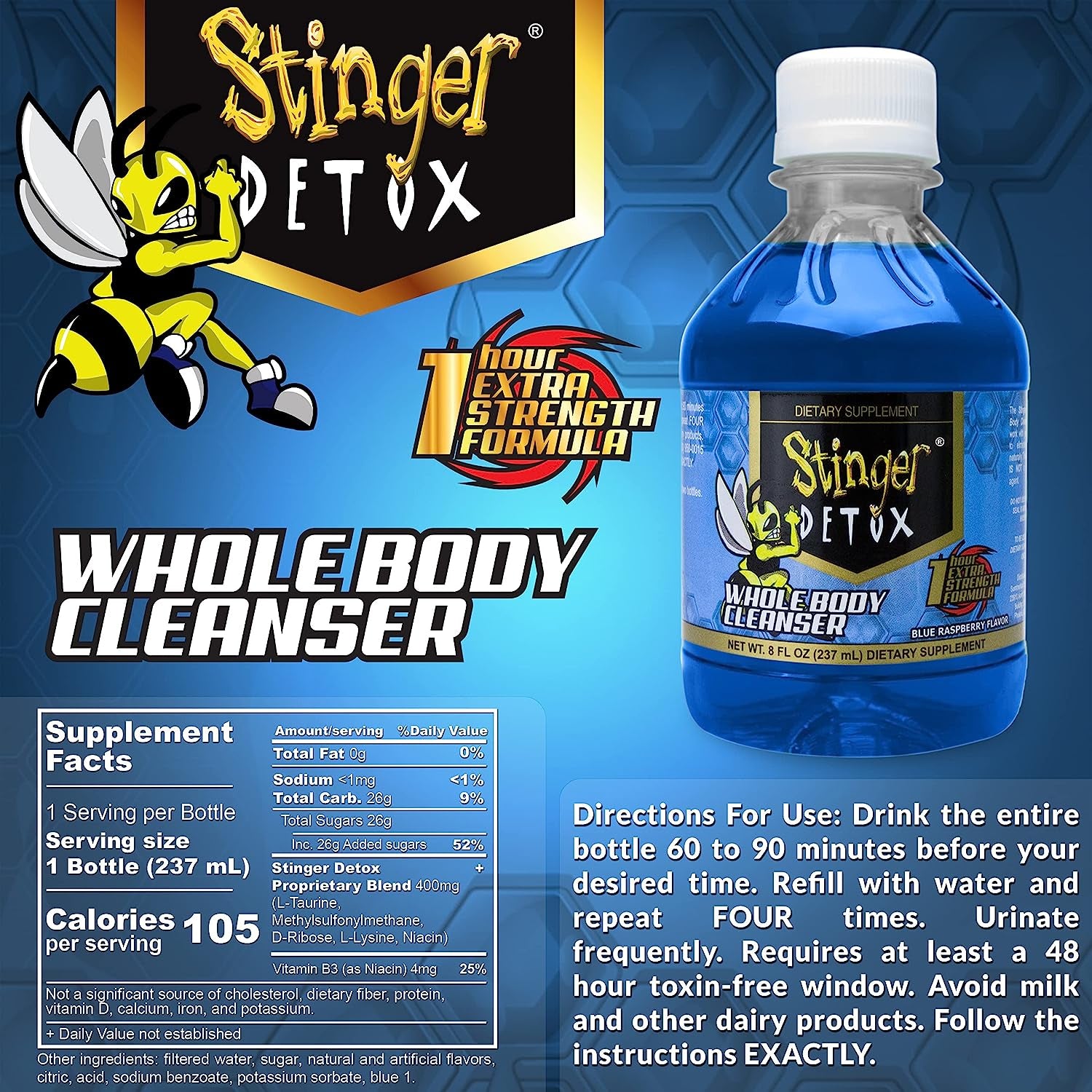 Stinger Detox Whole Body Cleanser 1 Hour Extra Strength Drink, Liquid– Blue Raspberry – 8 FL OZ